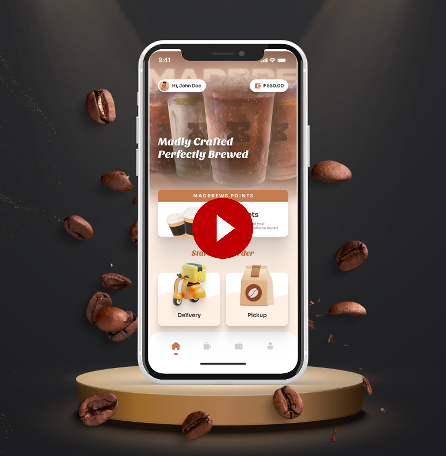 Madbrews coffee ordering app preview on phone